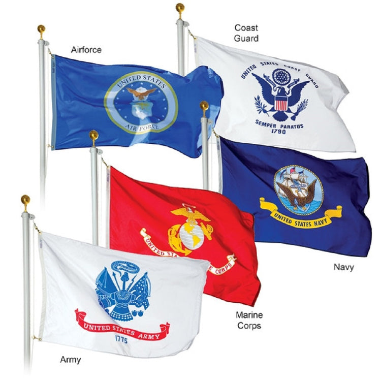 An image of five military flags flying from flagpoles, each labeled with their branch of the military: Airforce, Coast Guard, Navy, Marine Corps, and Army.