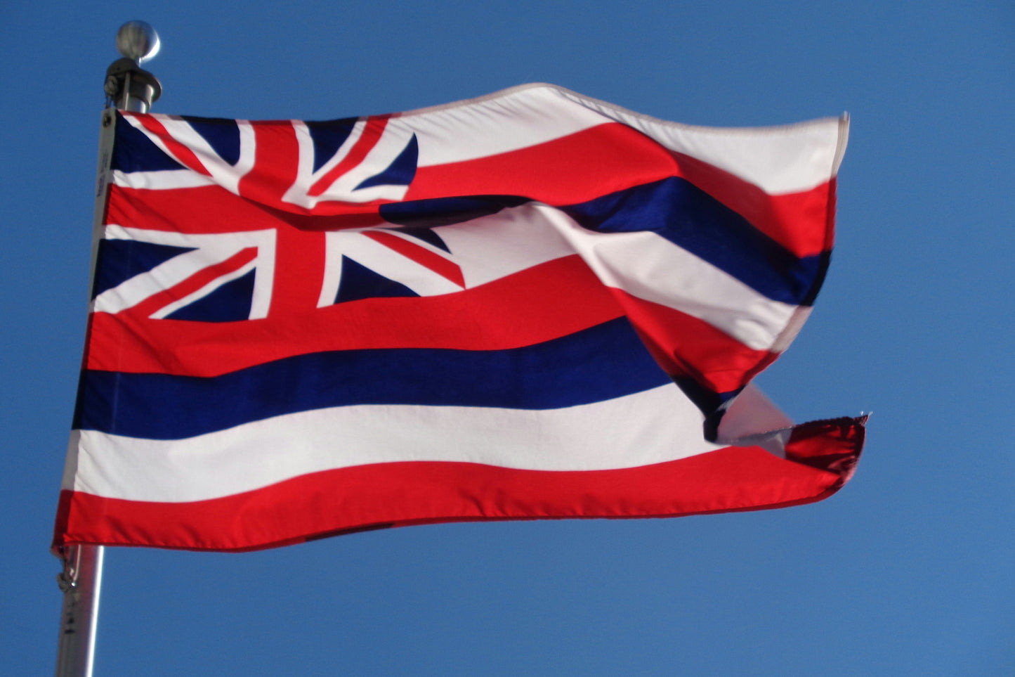 A photo of the flag of Hawaii flying on a flag pole with a blue sky in the background.